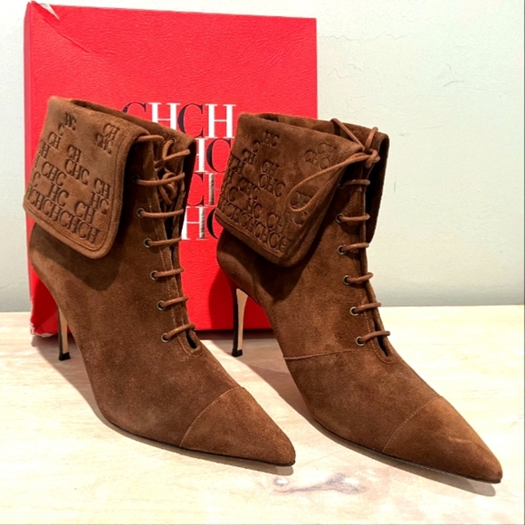 Rare Carolina Herrera Chocolate Brown Suede Foldover Logo Boots Size 39 … - Picture 3 of 14